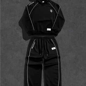 EZ Wear Men's Black Tracksuit Hoodie & Pants Set, White Accents, Logo